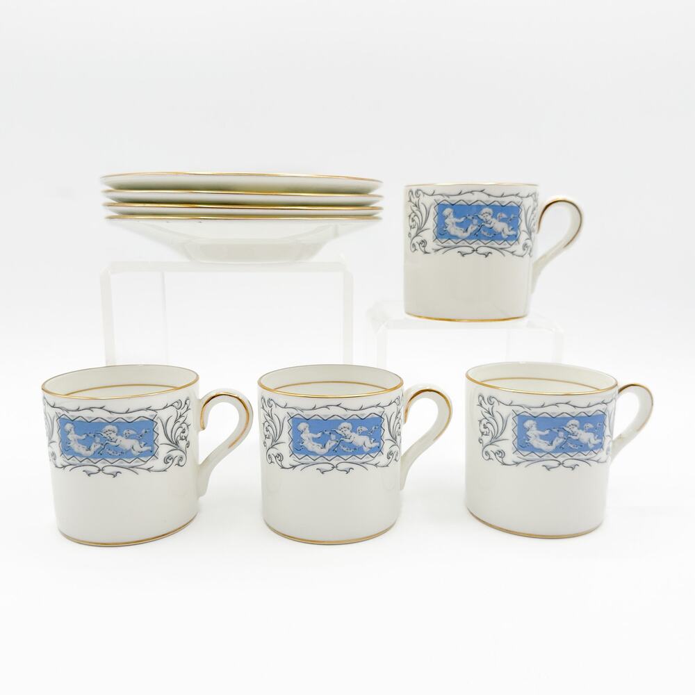 Coalport Revelry Demitasse Coffee Cups Saucers Set of 4 Cupid Scrolls Grey Blue - Picture 10 of 13